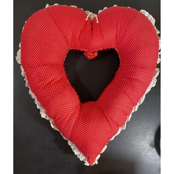 Vintage Handmade Patchwork Heart Pillow Strawberries Patch Love Ruffles 17” - Picture 9 of 9